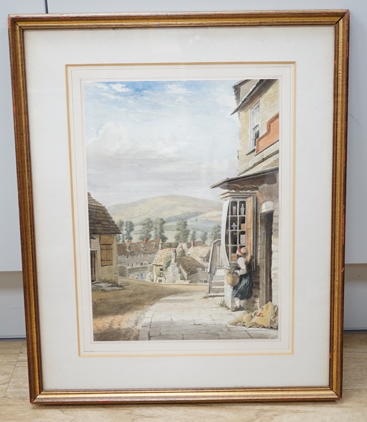 19th century, English School, watercolour, street scene, ‘Swanage, Dorset’, label verso, 35 x 24cm. Condition - fair